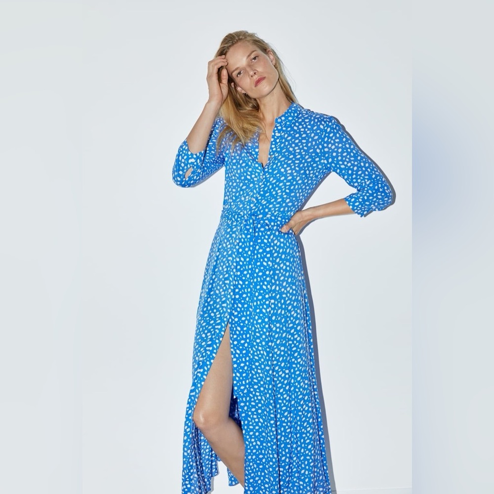 Zara Blue Polka Dot Midi Dress